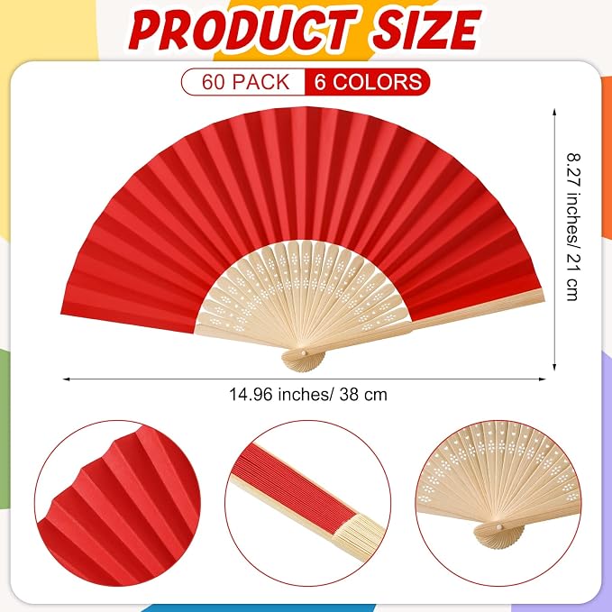 Chunful 60 Pcs Multicolor Folding Fan Decorative Bulk Chinese Bamboo Paper - Image 2