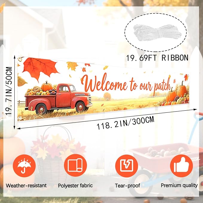 Welcome to Our Patch Large Banner 120x20 Inch, Happy Fall Autumn Harvest - Image 3
