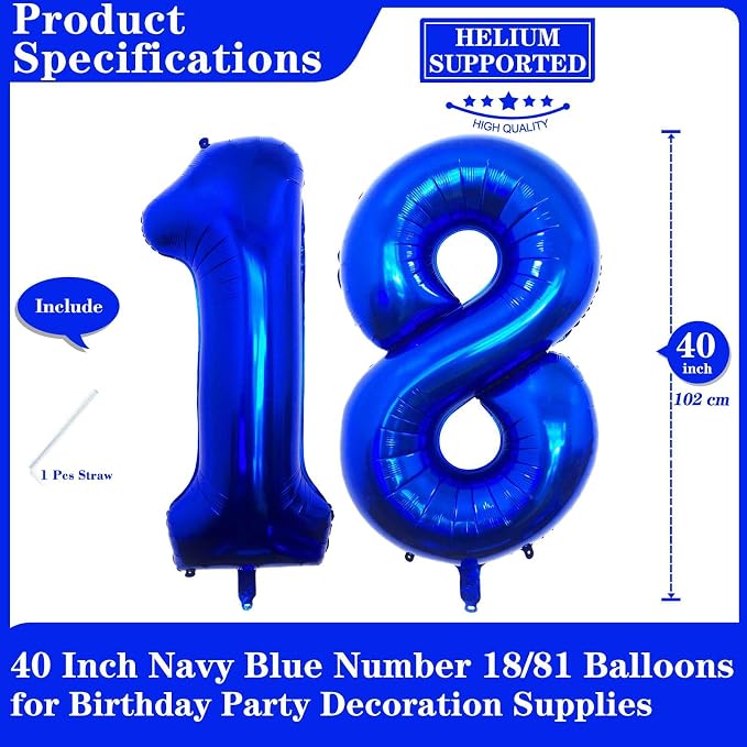 Navy Blue 18 Number Balloons, 40 Inch Giant Number 18 Balloons Foil Mylar - Image 2
