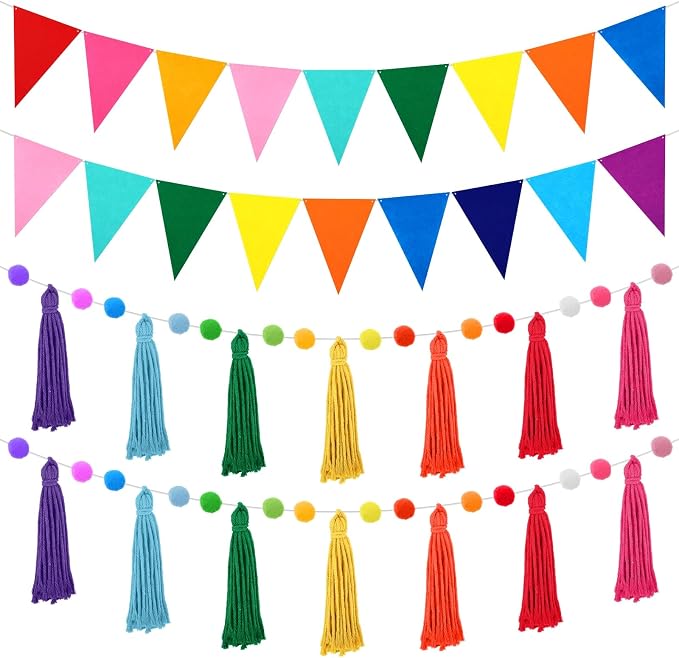 Jansun 4Pack 26.3ft Rainbow Tassel Pom Pom Garland Felt Bunting Banner | by Jansun