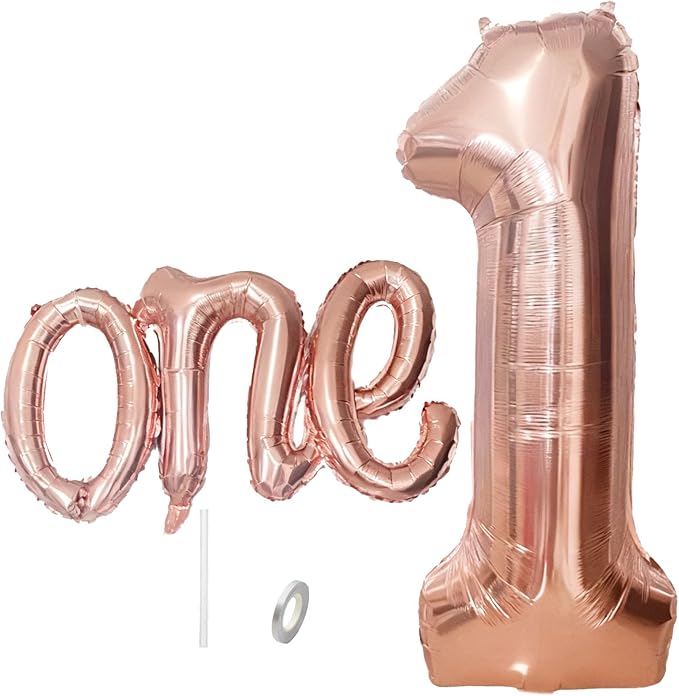 2Pcs Rose Gold Foil 40" Number 1 and 26" Script Letter One Balloon Set | Large by WEILINZHOU
