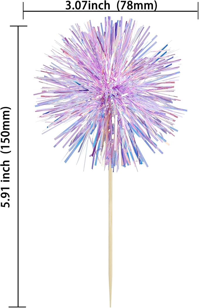 Gyufise 30Pcs Foil Firework Cupcake Toppers Sparkle Tinsel Cake Toppers Tinsel - Image 2