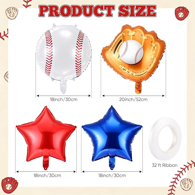Jenaai Number 10 Baseball Balloons White Red and Blue Baseball Glove Balloons - Image 3