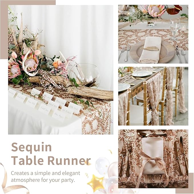 Sequin Table Runners 2 Pieces Rose Gold Flower Table Runners 12x72 Inch Glitter Dining Table Cover for Party Wedding Birthday Reception Banquet Decoration Spring Party Chair Sashes