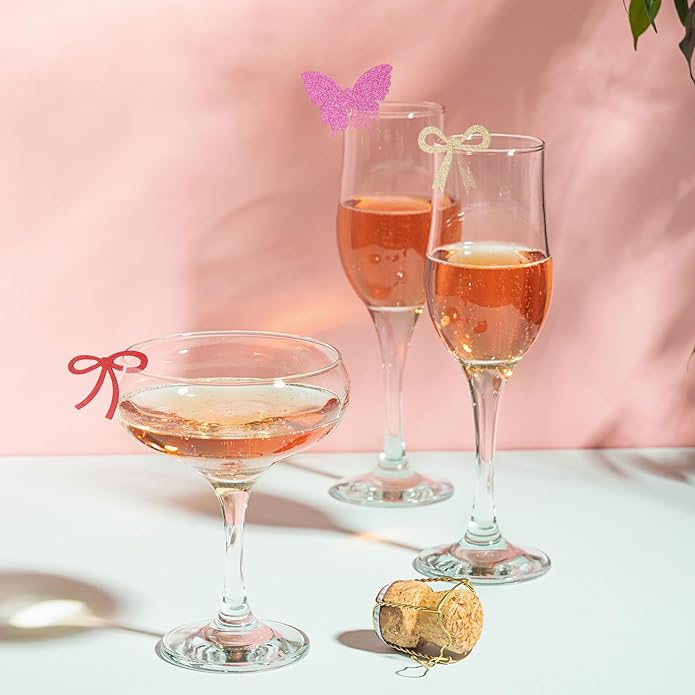 PATIKIL 50 Pcs Bows Drink Tags, Acrylic Wine Glass Charms Reusable Drink Markers for Party Wedding Birthday and Events Accessories, Laser