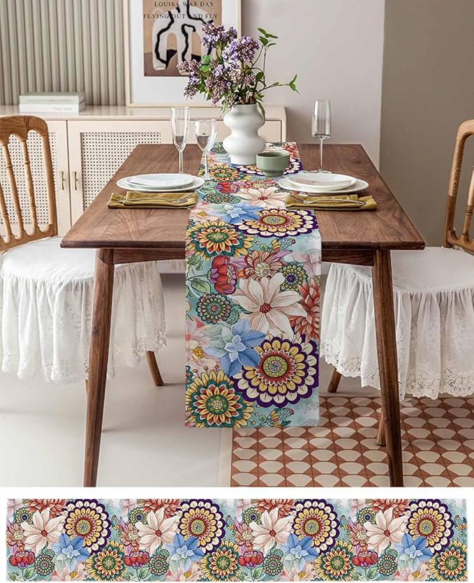 Boho Flowers Cotton Linen Table Runner for Dining Kitchen, Wedding Outdoor Party Tablerunners Decoration, Colorful Floral Farm Vintage Botanical Dresser Scarf Coffee Tablecloth Runners 13x120 Inches