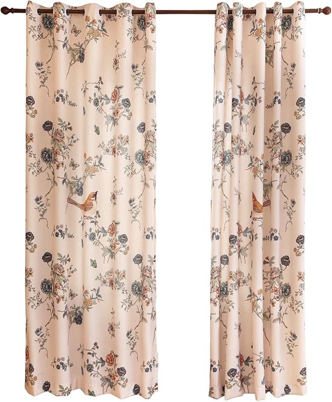 Designer French Linen Printed Curtains, 2 Panels, Bird and Flowers Pattern Draps - Image 4