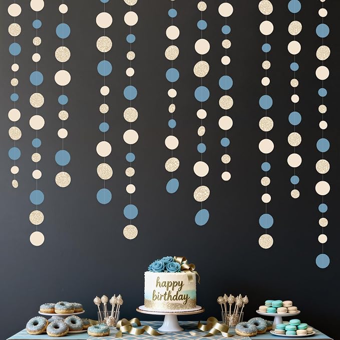 Champagne Gold Dusty Blue Beige Circle Dot Garland Hanging Paper Polka Dot - Image 5