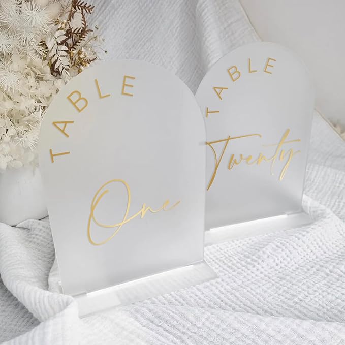 JINMURY Frosted Arch Wedding Table Numbers 1-20 with Stands, 5x7 Inch Acrylic Arch Sign with Golden Lettering, Frosted Acrylic Table Numbers for Wedding Reception