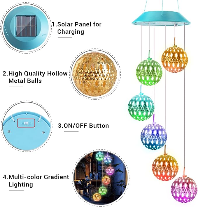 Toodour Solar Wind Chime, Color Changing Moroccan Ball Wind Chimes | LED - Image 3