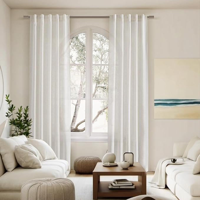 Cream Linen Curtains 84 Inch Length 2 Panels Back Tab Pocket Semi Sheer Bedroom - Image 7