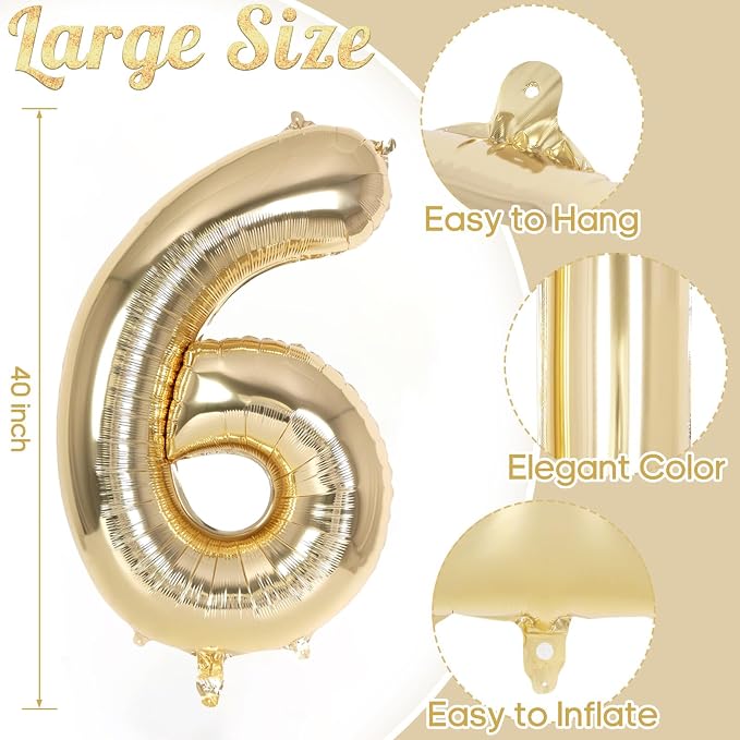 Champagne Gold Large Number 6 Balloon, 40 Inch Light Gold Foil Helium Number - Image 3