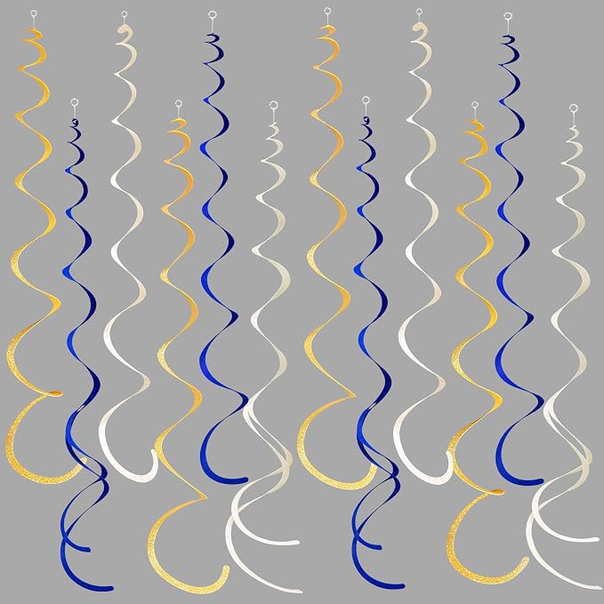 36 Pcs Blue Gold Hanging Swirl Decorations Royal Blue Glitter Gold Beige Felt by pinkblume