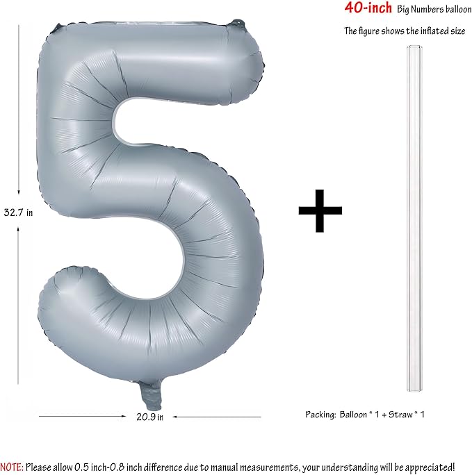40 In Matte Gray Number 5 Balloons Helium Foil Mylar Balloon Digit 5 | - Image 2