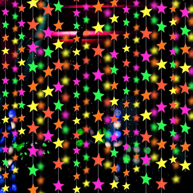 110feet UV Star Paper Neon Garland Streamers Black Light Decorations by WELITTCON