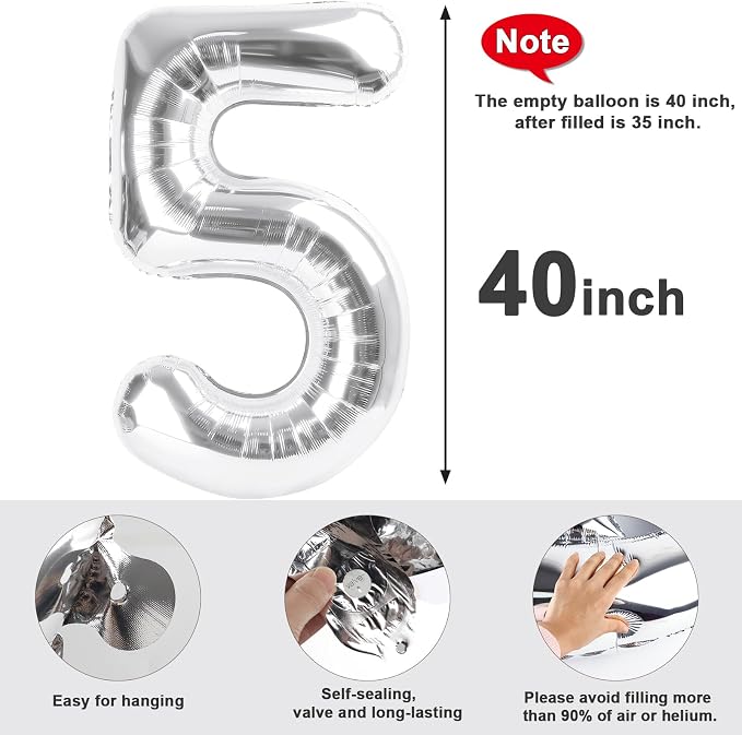 5 Balloon Numbers Birthday Decorations, 40In Silver Balloons - Image 6