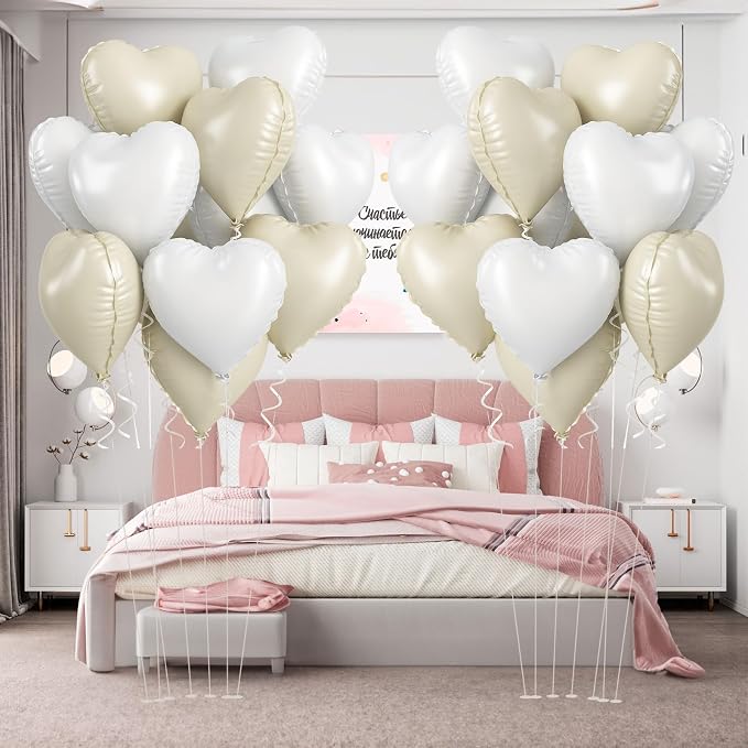 Cream Heart Foil Balloon, 18 Inch Sand White Heart Shape Foil Balloon - Image 7