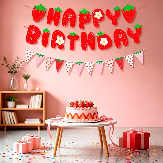 MEETINGU Strawberry Happy Birthday Banner and Strawberry Pennant - Image 3