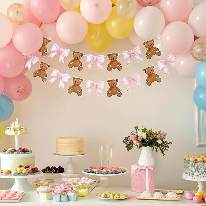 2 Pcs Pink We Can Bearly Wait Banner 6.56 ft Bear Theme Baby Shower Decorations - Image 6