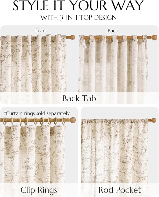 jinchan Taupe Floral Linen Curtains 63 Inch Farmhouse Back Tab 2 Panels | - Image 8