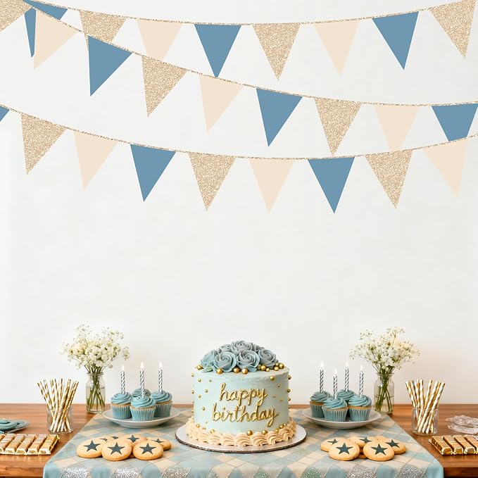 30Ft Champagne Gold Dusty Blue Beige Party Decorations Pennant Banner Flag - Image 8