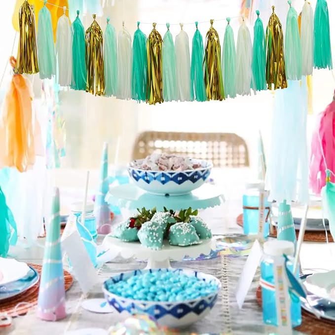 Teal-Blue Mint Beige-Gold Party-Decorations Tassel-Garland -20pcs Rustic - Image 5