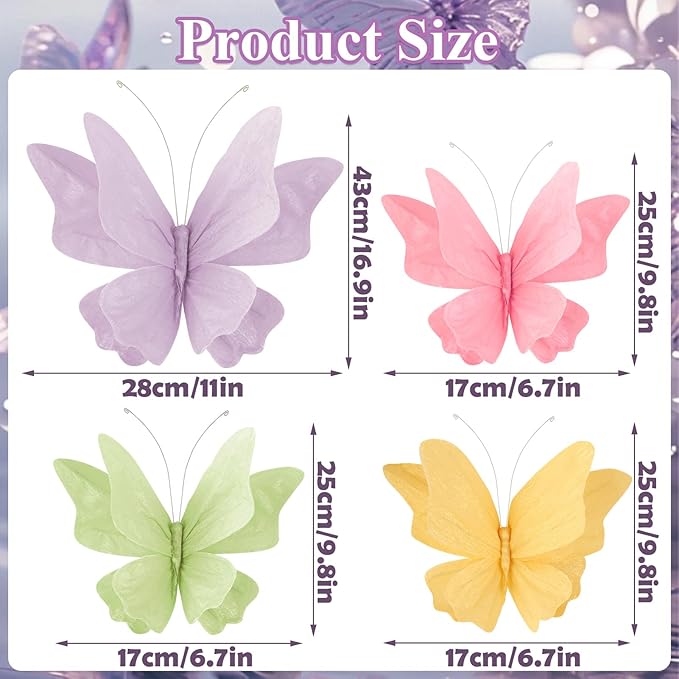 3D Hanging Butterfly Decorations Butterfly Party Decorations 4PCS Pastel Large - Image 3