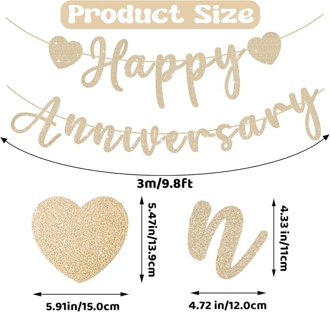 Happy Anniversary Banner, Pre-Strung Gold Glitter Wedding Anniversary - Image 2