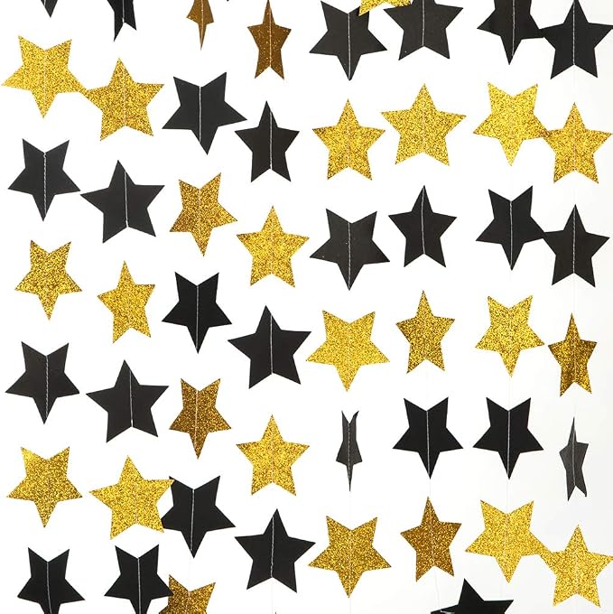 WEVEN Gold Glitter and Black Star Paper Garland, Twinkle Star Banner Hanging by WEVEN
