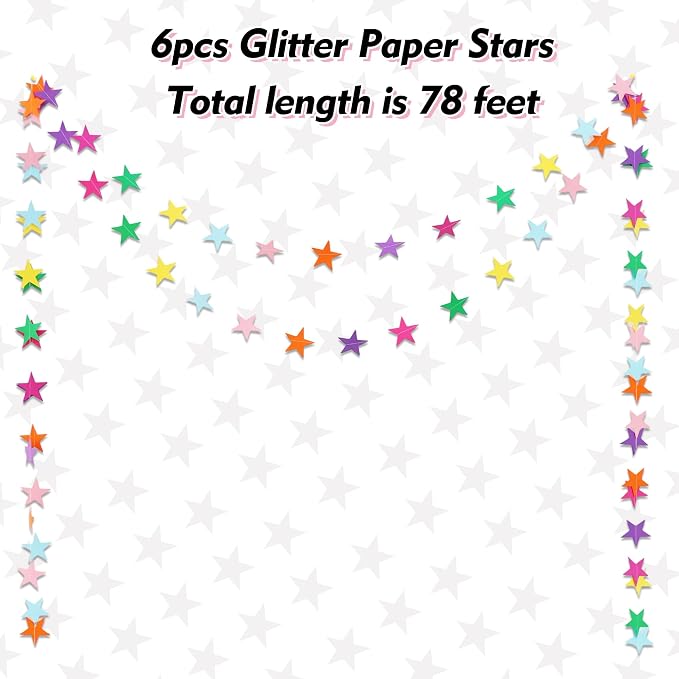 BEISHIDA 6Pcs Assorted Rainbow Star Garland Decor Twinkle Paper Star Streamers - Image 2