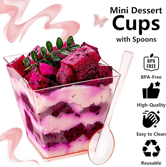 YOUBET 102 PCS Plastic Dessert Cups - 8oz Pink Clear Square Cups - 51 Pack Mini Appetizer Cup with Pink Tasting Spoons for Pudding, Fruit, Yogurt Parfait and Ice Cream