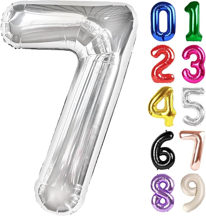 7 Balloon - Silver Birthday Number Balloons, 40 Inch Decorations Men Women | by ALPHADELTAPI