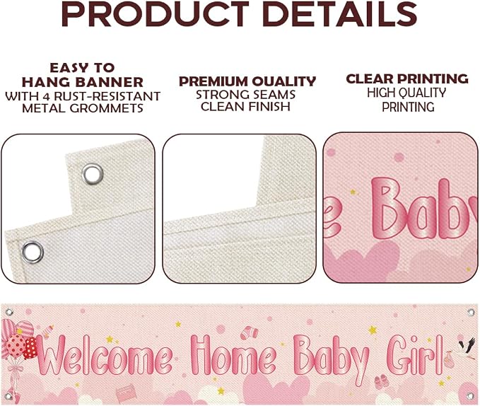 Welcome Home Baby Girl Banner, Cute Newborn Arrival Hanging Sign - Image 3