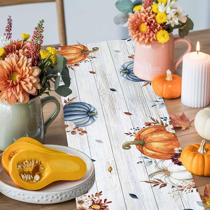 Thanksgiving Fall Cotton Linen Table Runner for Dining Kitchen, Pumpkins Eucalyptus Wedding Outdoor Party Tablerunners Decoration, Farmhouse Wooden Dresser Scarf Coffee Tablecloth Runners 13x36 Inches