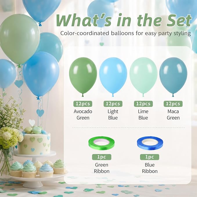 Blue and Green Balloons, Slate Blue Balloon Arch Kit, Baby Blue Light Green - Image 3