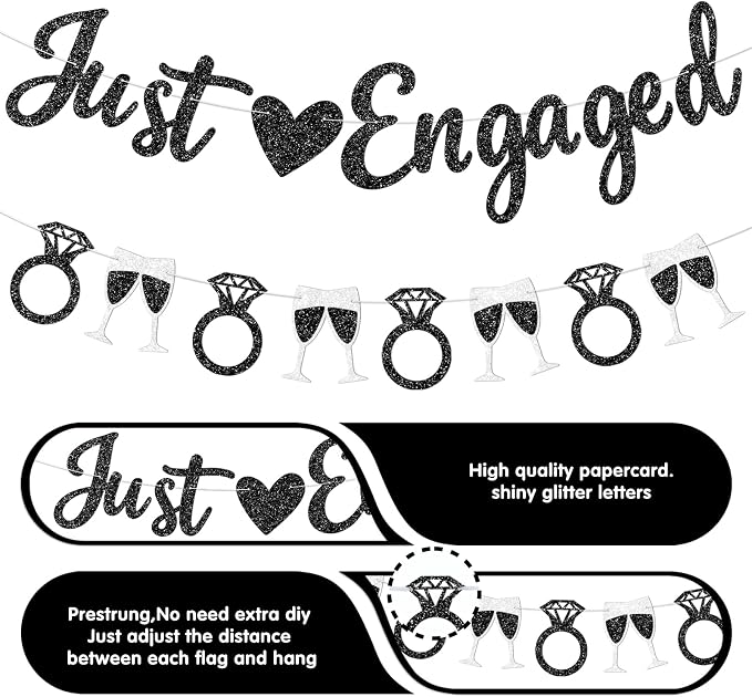 Black Just Engaged Banner Prestrung Engagement Party Decorations Happy - Image 3