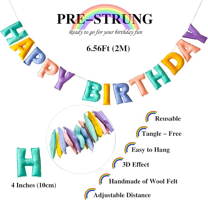 Pre-Strung Pastel Felt Happy Birthday Banner, Macaron Birthday Decorations | - Image 2