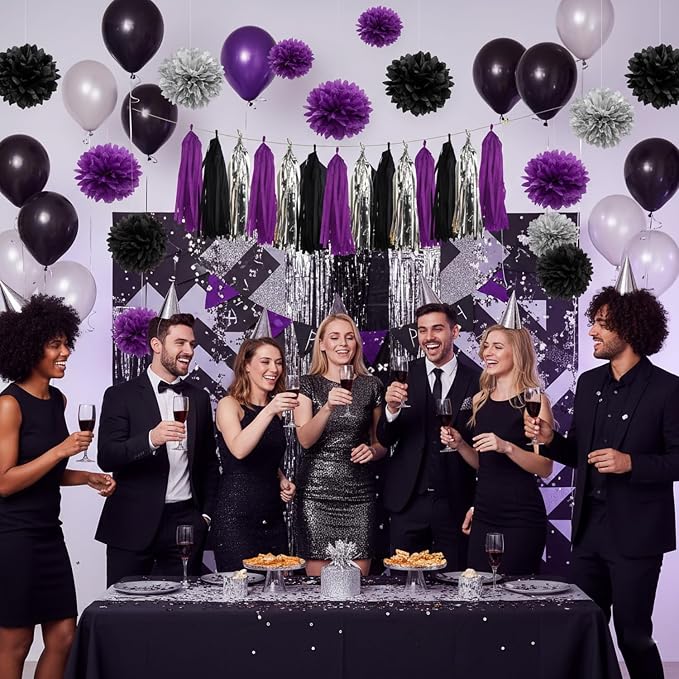 Purple Black and Silver Tassel Garland Banner, 20 Pack Paper Tassels Streamers - Image 3
