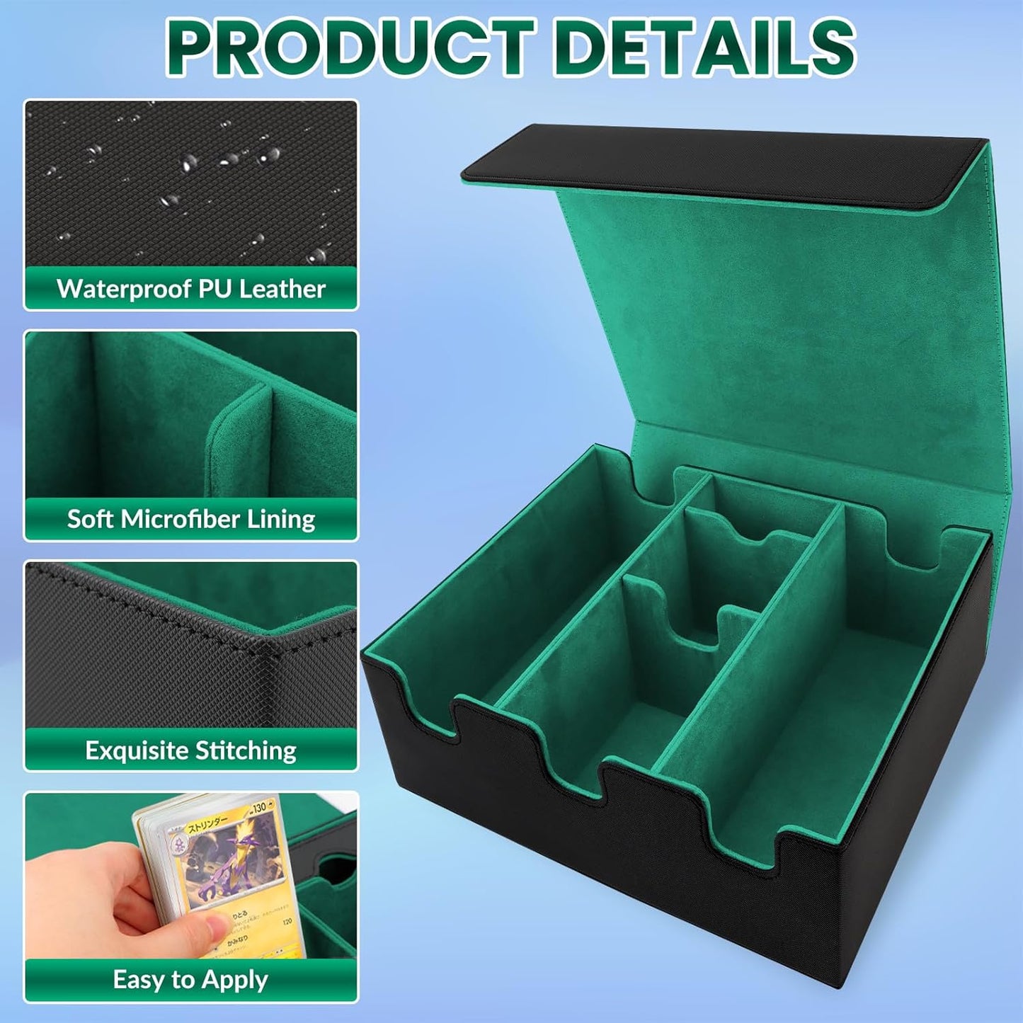 Leather Magnetic Card Storage Box for Trading Cards, Holds 5 MTG Deck Boxes, with 13 Dividers & Dice Tray