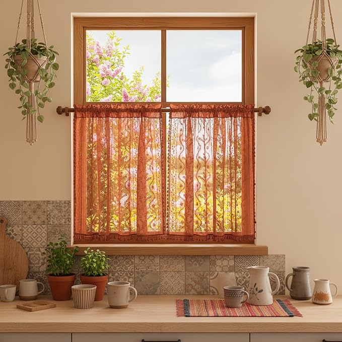 WAZZIO Boho Lace Curtains 54 Inch 2 Panels-Vintage Sheer Panel Drape Floral - Image 2