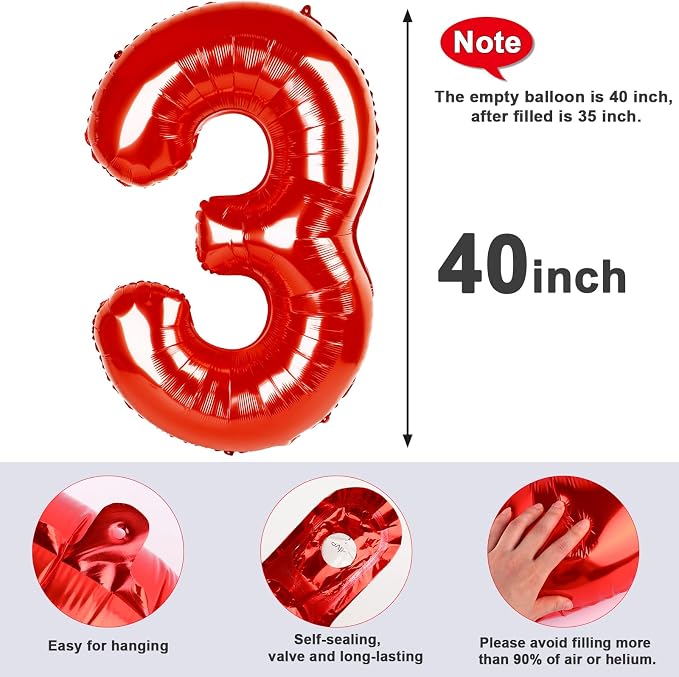 3 Balloon Numbers Party Decorations, 40In Red Balloons - Image 5