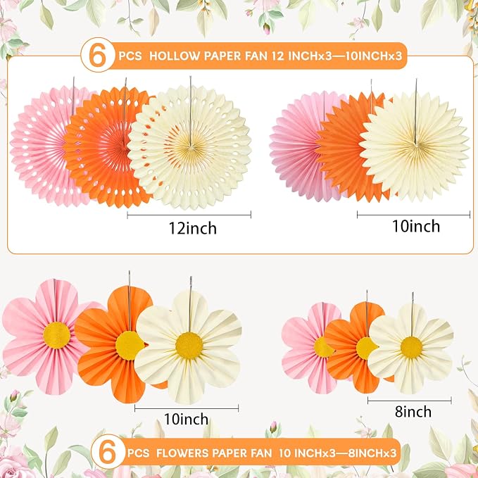 ADLKGG Orange Pink Floral Wall Backdrop, Groovy Sunset Party Decorations | 12 - Image 2
