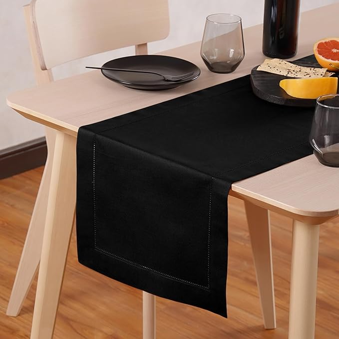 Black Table Runner 36 Inch – Cotton Linen Hemstitch Farmhouse Table Runner 14x36 – Washable Fabric for Fall, Halloween, Thanksgiving, Everyday Dining & Décor – Serena