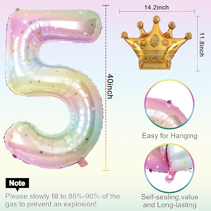 Stars Rainbow Gradient Number 5 Balloon, 40 Inch Giant Number 5 Balloon & Mini - Image 2