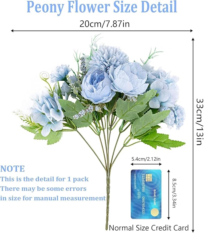 Artificial Flowers, Fake Peony Silk Hydrangea Bouquet Decor Plastic Carnations Daisy Realistic Flower Arrangements Wedding Decoration Table Centerpieces,for Home Office Party Decor 2 Pcs(Blue)