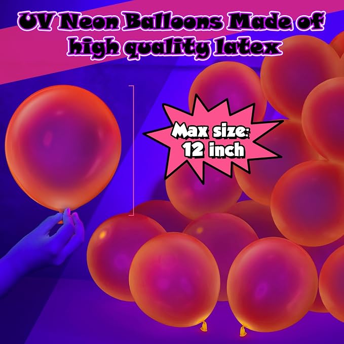 100 Pcs UV Neon Orange Balloons 12 inch Neon Party Supplies, Glow in the Dark - Image 2