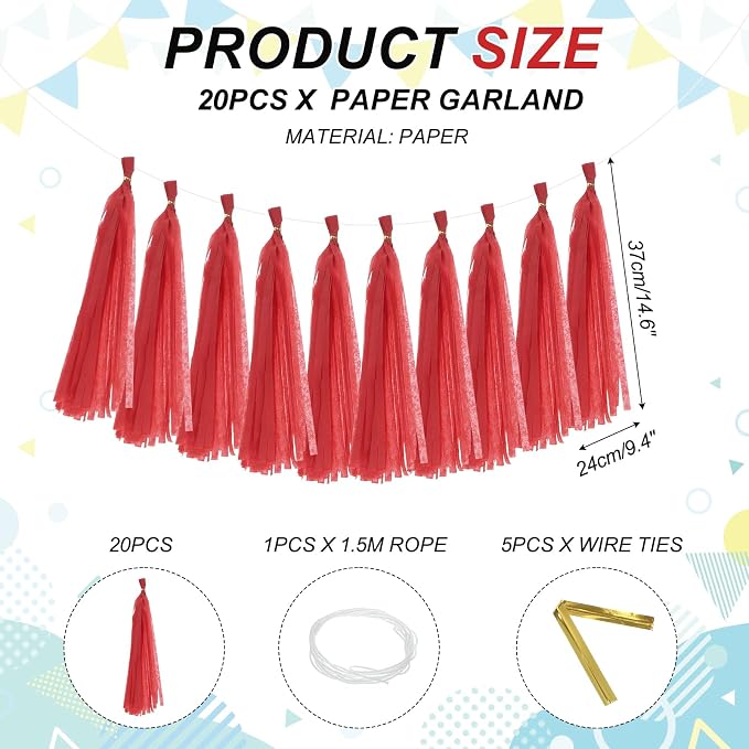 MECCANIXITY 20Pcs Tassel Garland Banner Tissue Paper - Image 2