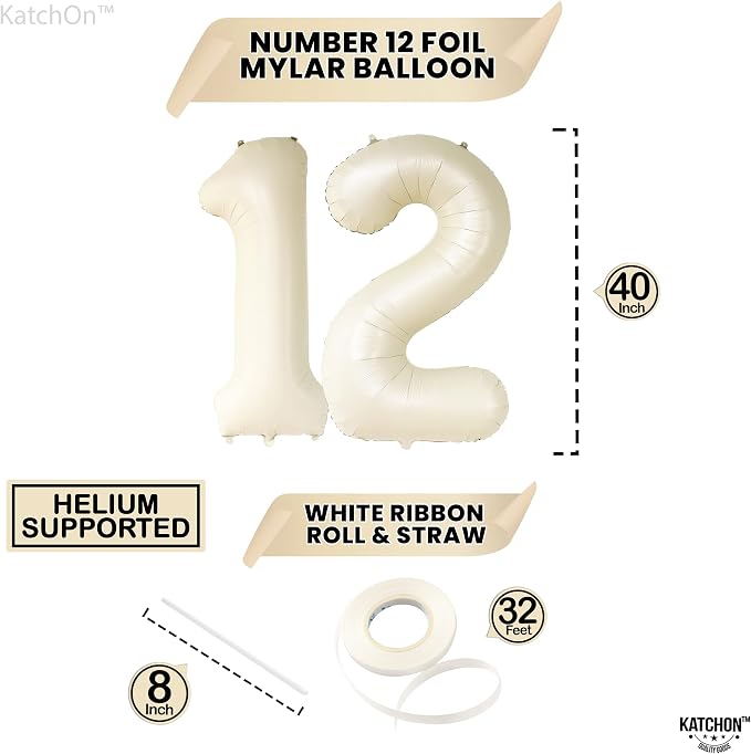 KatchOn Cream White Number 12 Balloon 40 Inch, 12th Birthday Balloon Decor | - Image 4