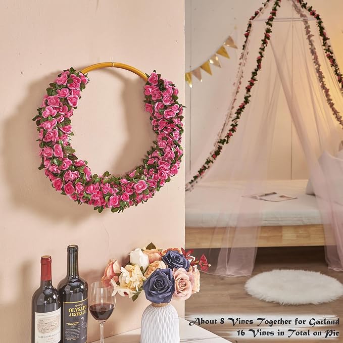 Artificial Flower Garland 6pcs 8.2ft Rose Vine Decor, Magenta Flower | PONKING - Image 4