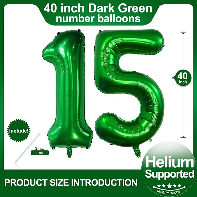 Number 15 Dark Green Balloons 40 Inch Giant Green 15 Numer Foil Helium Balloons - Image 2